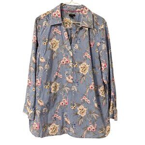 Talbots Plus Size 2X Blue & White Striped Floral Cotton Button-Down Blouse